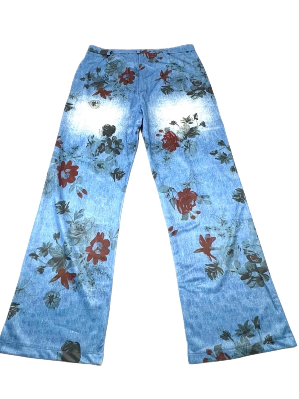 High Waisted Floral Wide Leg Polyester Faux Denim Pants XL